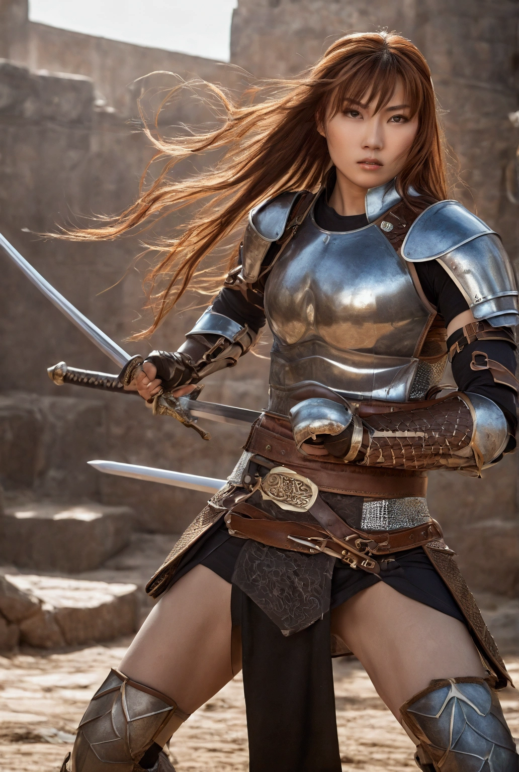 young woman , narrow waist, 155 cm tall,    brown long hair    ,    's look in light armor and with a two-handed sword,   In combat position and with momentum  ,     ready for a horizontal blow     ,  big breasts 95 EE     ,     full body shot    ,  Armour with large cleavage  ,  sexy metal armor    ,  leather miniskirt, beautifully drawn ,  Adjust the look of Kasumi  ,  dynamic pose 