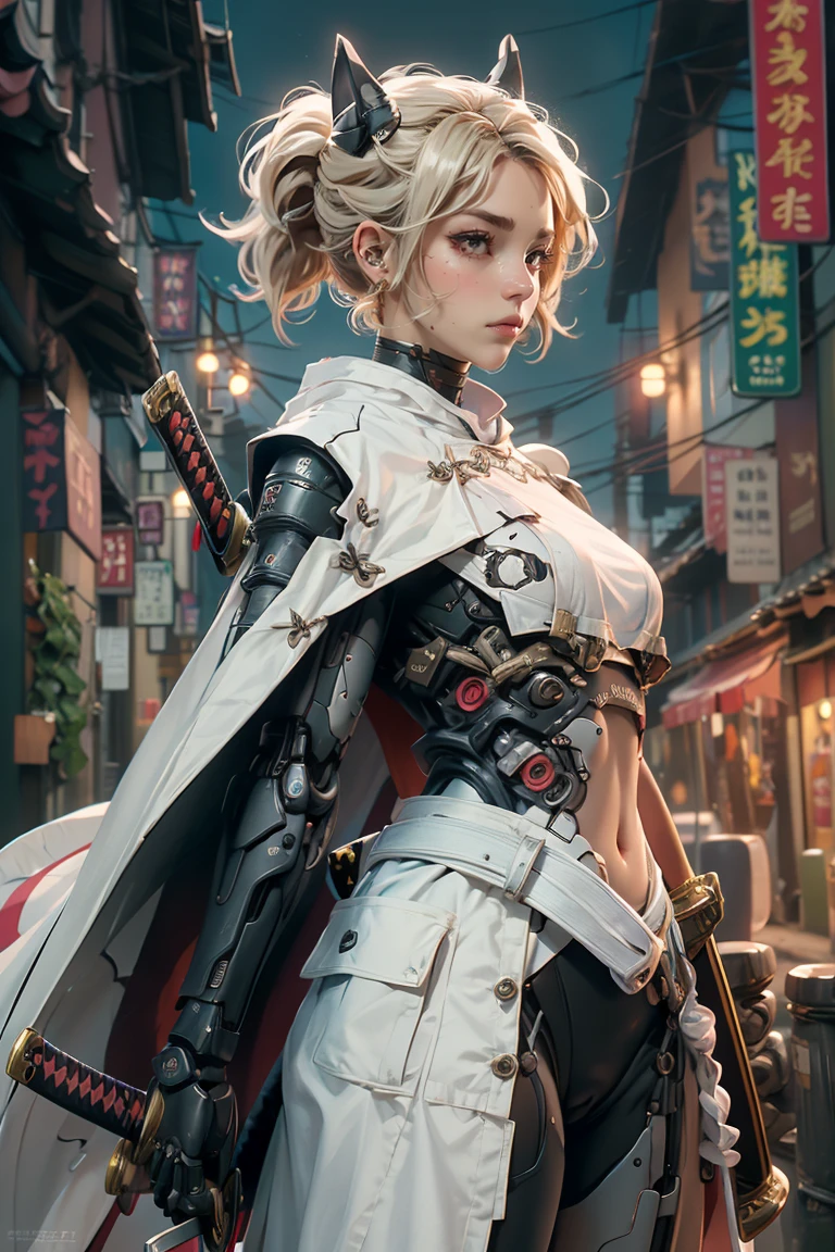 (Masterpiece, Best quality:1.2), extremely detailed, 1female samurai cyborg wearing a cape, (White Coat:1.2), holding sword, Katana, God of War, complex, 8k, wallpaper, lighting cinematic, iridescent, armor, mecha, big wings,Blonde Hair, Animal Ears, 