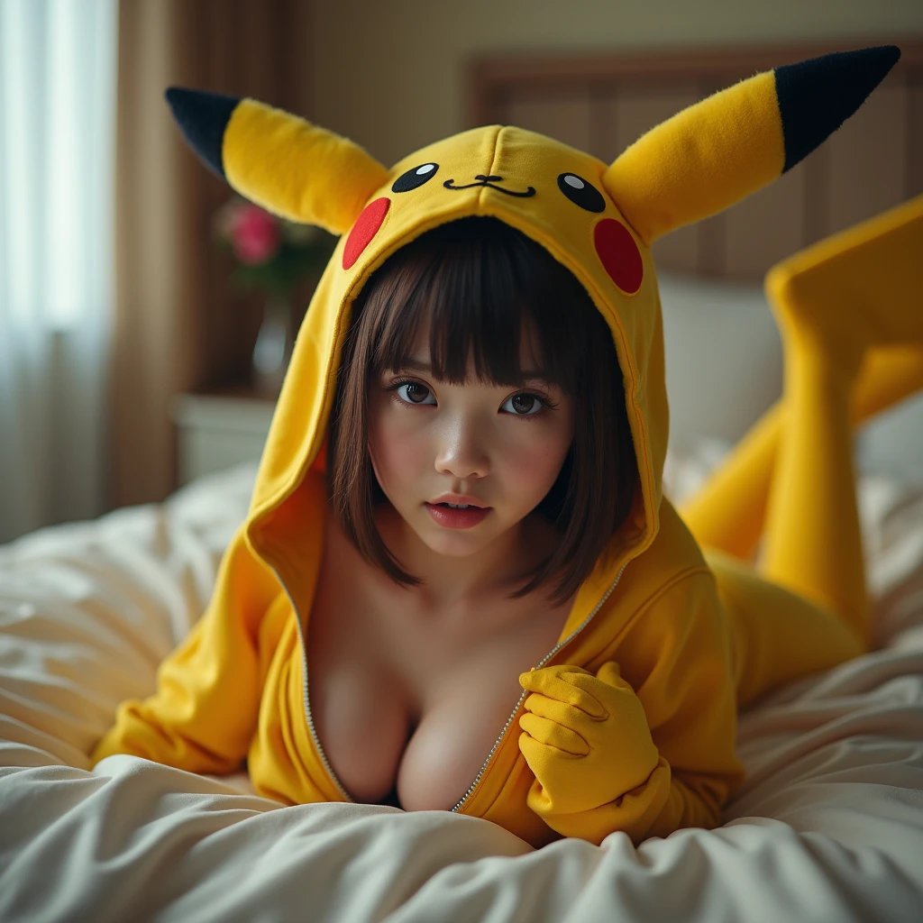  NSFW, (Girl in ((Yellow)) Pikachu hood), (naked hoodie, hood loosely open), MoreSode . masterpiece 8K best quality, (RAW PhotoRealistic HyperRealism:1.37) Ultra-detailed, (Acutance:0.85), VolumetricLighting, (Studio) gray background with (Blurred colorful Lights dazzling bokeH:1.28), { (Overflowing Gigantic Cleavage;1.2) | Navel | (Golden ray illuminating face) | (Photon Particles:0.95) } . BREAK . (((Extremely detailed KAWAII face))), perfect ???????, Childish, CaptivatingGaze, Elaborate detailed Eyes with (Sparkling Highlights:1.28), Beautifull Pupils, (Voluminous Long Eyelashes:0.88)、Glossy Lips, Rosy Cheeks, (Flawless FineSkin, Radiant PearlSkin with Transparency) . { (joyful expressions:1.28) | (:d) }, (Large eyes:-1) . (((from above, leaning forward with DownBlouse)))