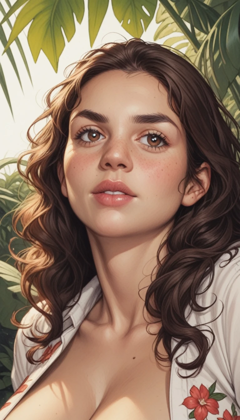 (GeGe:1.2), detailed face, detailed eyes, detailed eyebrows, detailed lips, brown hair, long hair, woman, brunette, (brown eyes:1.3), (huge breasts), score_9, score_8_up, score_7_up, A woman with fair skin and long hair, 2 delicate body in a lush tropical garden, wearing an open shirt with a focus on natural breasts with floral print, capturing the harmonious beauty between her breasts and the natural flowers, showing off your natural charm and outgoing personality.