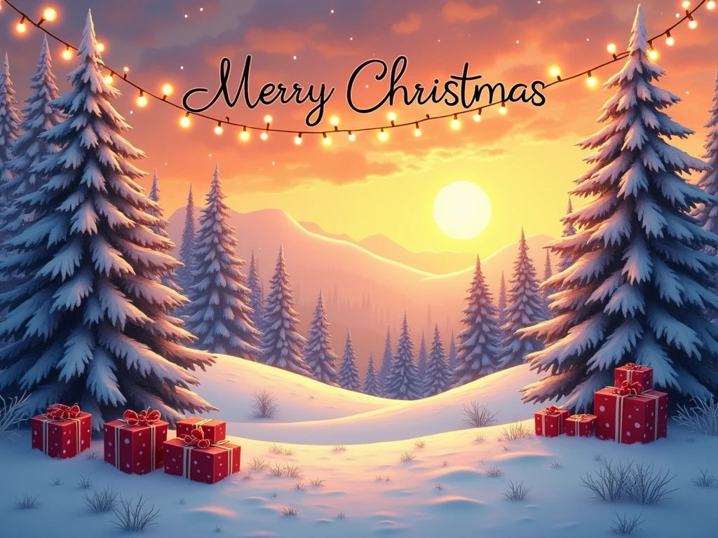 A vibrant winter landscape with softly glowing lights strung above ...