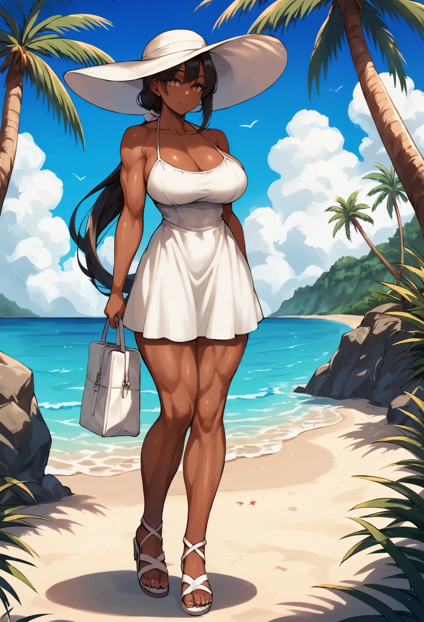 score_9, score_8_up, score_7_up,1girl, very tall girl, muscular body, (((((dark skin))))), perfect beautiful face, long eyelashes, sharp eyes pupils, dark hair, very long hair, large breasts, white sundress,white brimmed hat,sandals, (outdoors, ,beach,palm trees,) / standing, seductive face, look at viewer, closeup, low ponytail, cowboy shot