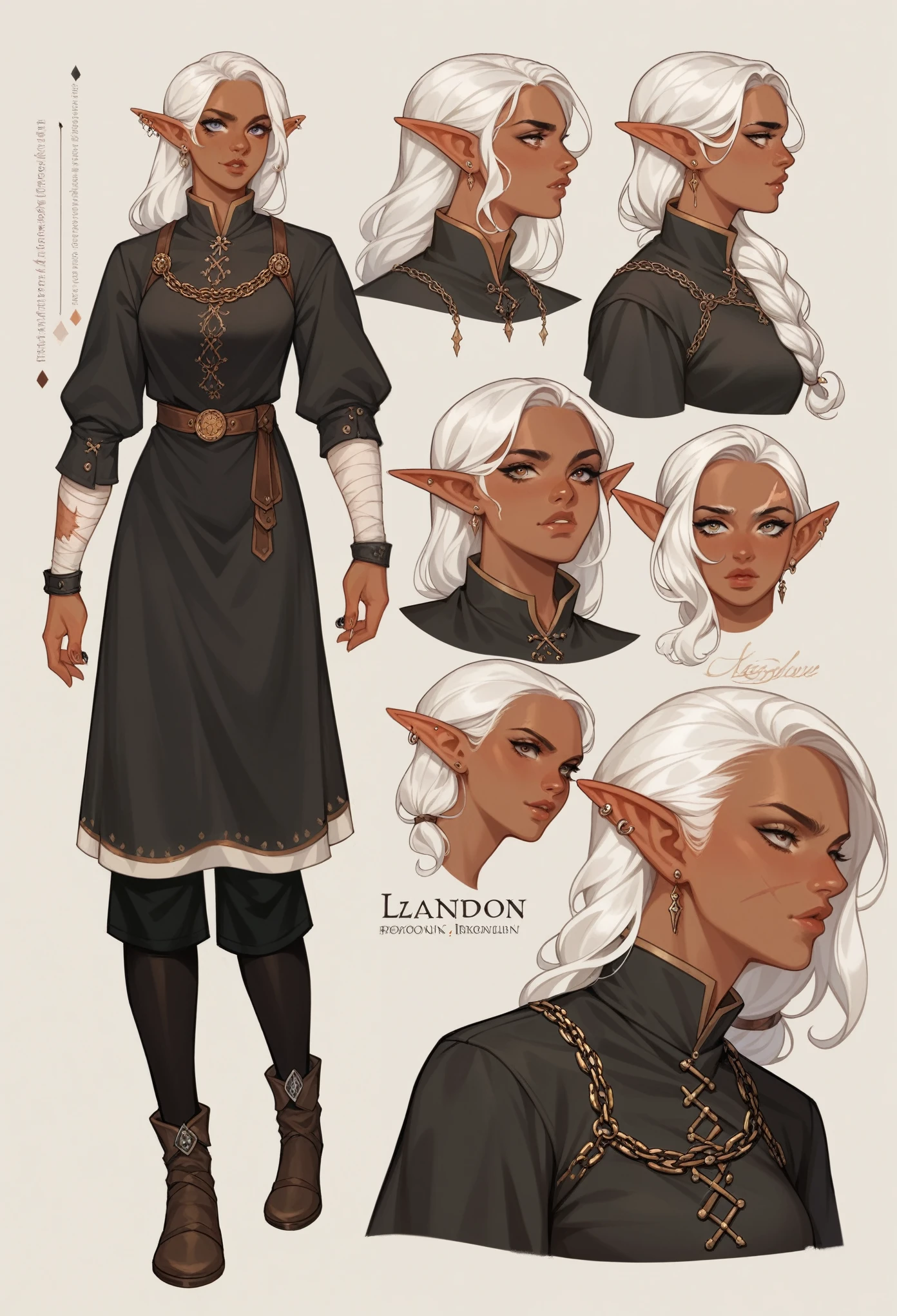 1girl, RPG character, A highly detailed, best quality, RPG style, conceptual art, character sheet, gorgeous drow girl, dark Elf, Black medieval tunic, black leggings, white hair, paper roll, parchment, color grind, scars, piercings, lean and tall, score_9, score_8_up, score_7_up