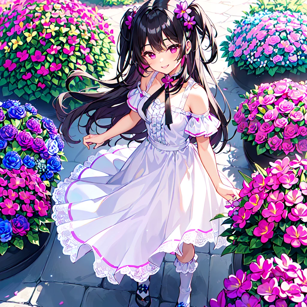 masterpiece, best quality, high quality, extremely detailed, very delicate and beautiful, (1female 18years old solo:1.5) , (two-side up long black hair:1.5), bangs to eyebrows, eyes (eyes sharp, strong and glossy, eyebrows glossy, (eye color magenta:1.3), 6.5 head height, (bunny girl:1.3), knee socks, (smiling), (standing:1.3), (dynamic pose), (upper body:1.3), (background summer flower garden :1.3) , (blue sky:1.3)
