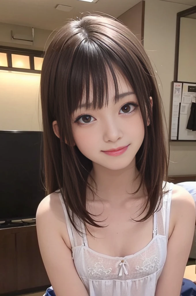 masterpiece, highest quality, One girl, (美しいgirl, cute:1.3), (20-year-old:1.3), extremely fine transparency, (symmetrical eyes:1.3),  big breasts, big breasts, big breasts, show cleavage, brown eyes, parted bangs, brown hair, girl、shy smile