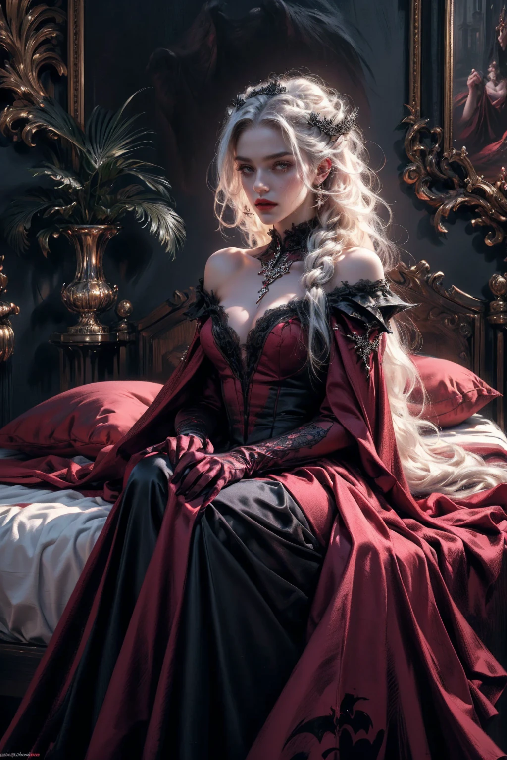 (beautiful vampire woman, pale skin, very long white hair, (red eyes), black gown, black victorian dress, piercing look, red lipstick, laying on the bed, 4k, 8k, highres, masterpiece:1.2, ultra-detailed, realistic, photorealistic:1.37, HDR, UHD, studio lighting, ultra-fine painting, sharp focus, physically-based rendering, extreme detail description, professional, vivid colors, bokeh, portraits),