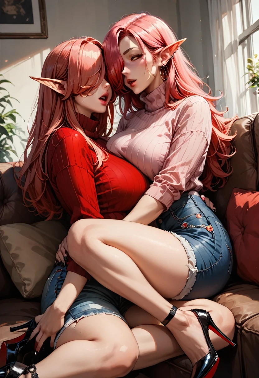 score_9, score_8_up, score_7_up, 2girls {Afemale_and_Bfemale}, Tag1: {Afemale: Adult, Mature, Curvy, Elf Woman: 1.3, (Long Red Hair over one eye: 1.6), wearing a (Long Sleeve Turtleneck Shirt with Denim Booty Shorts and Black Stiletto High Heels: 1.3), (Bare Arms: 1.3), curvy: 1.3} and Tag2: {Bfemale: Adult, Curvy, Mature, Elf Woman: 1.3, (Long Pink hair over one eye: 1.3), wearing a (Pink Long Sleeve Turtleneck Shirt with Denim Booty Shots and Pink Stiletto High Heels: 1.3), (Bare Arms: 1.3), curvy: 1.3}, Lying on back on sofa, Arms around waist, hand in hair, French Kiss, Mouth Open, Breath Visible, eyes closed, leg lock around waist: 1.3, Medium Breasts: 1.3, (Close-up_from_side: 1.1),