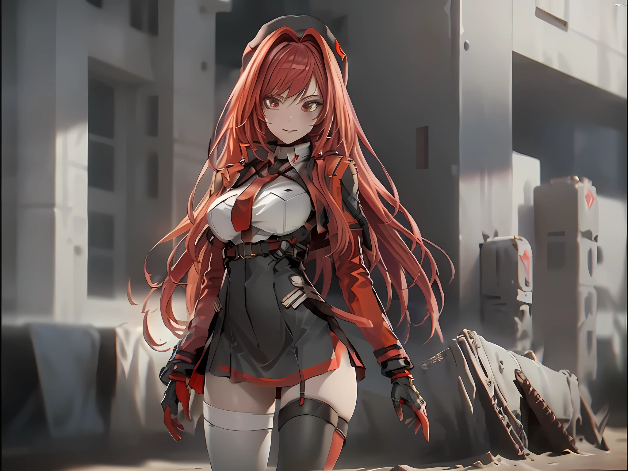 ((Best quality)), ((masterpiece)), (detailed:1.4), 3D, an image of a beautiful cyberpunk female, long burning red hair, burning hair, Red eyes, Black Barret Hat, Red Soldier Shirt, White undercloth, black panty, black skirt, black thick boot, long black kneesock, Grenade belt, Big chest, Big thigh, High thigh black knee sock, full view of girl, battlefield background, black combat boot, red necktie, black glove, black combat suit, black jacket, black cloak, black panty, ammo belt, HDR (High Dynamic Range),Ray Tracing,NVIDIA RTX,Super-Resolution,Unreal 5,Subsurface scattering,PBR Texturing,Post-processing,Anisotropic Filtering,Depth-of-field,Maximum clarity and sharpness,Multi-layered textures,Albedo and Specular maps,Surface shading,Accurate simulation of light-material interaction,Perfect proportions,Octane Render,Two-tone lighting,Wide aperture,Low ISO,White balance,Rule of thirds,8K RAW,