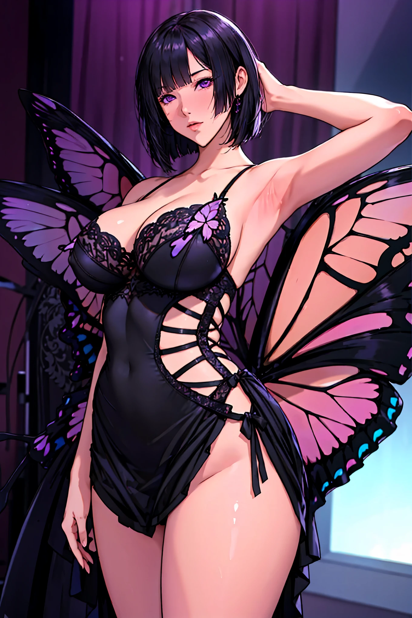 black dress,Butterfly Wings, straight hair , bob cut,Purple Eyes,sagging massive breasts, Anime Illustration