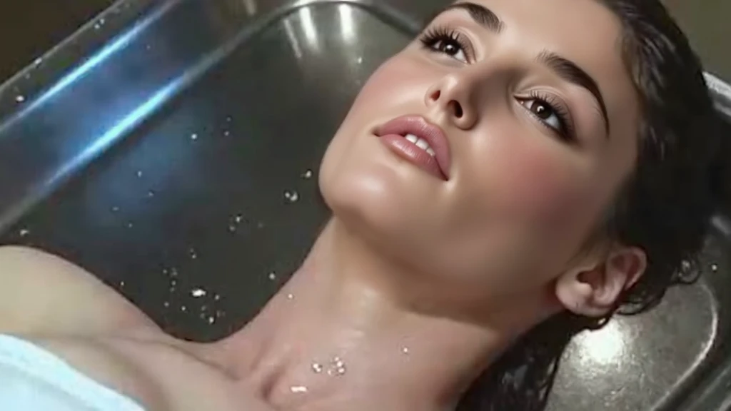 dark photo, a evocative extreme closeup of the face of a beautiful 25-year-old woman with her eyes closed and partially submerged in the water of a dark green bathtub in a dark scene, dark water, reflections in the water, the head is mostly submerged, realistic skin, skin texture, natural skin, skin pores, (skin oils:0.8), dimly lit scene, shallow depth of field, moody lighting, turquoise tiles on the wall, highly detailed, award winning photo, film grain, interesting framing, side view