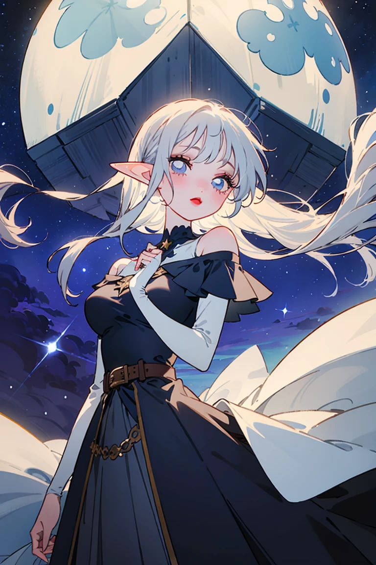 <lora:shining:1>
game cg, elf girl, white mage, hoodie and white robes, white tights, angry, embarrassed, looking at viewer. twintails blonde hair, long pointy ears, elf ears. (steam clouds:1), (blue eyes:1.2), peace sign, hooded robe, outside, blue sky, space station, earth, moon, sun, nebula, galaxy,