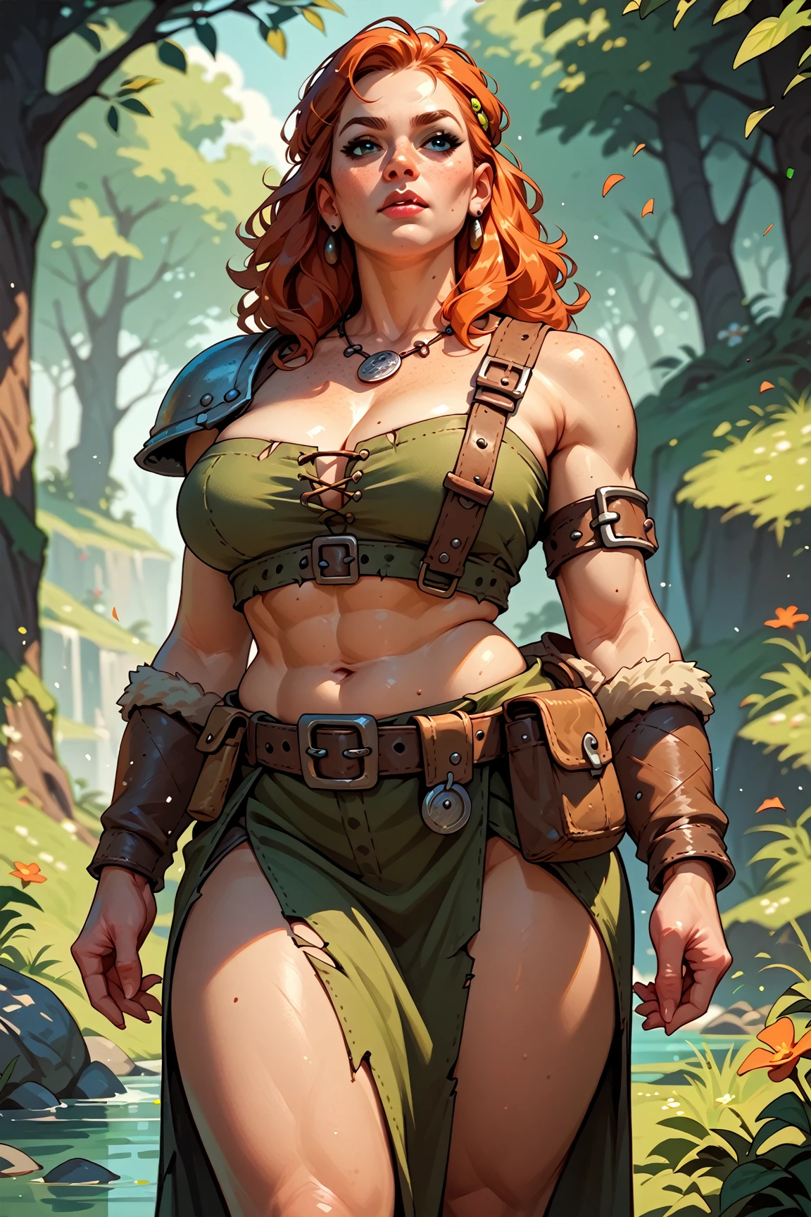 bodybuilder, amazon goddess, sexy armor, vivid colorful hair, pale skin, breasts, barbarian leather armor, choker minidress, savage power, light rays, god rays, furry armor, Jurassic, forest, leaves, muscular, bodybuilder, realistic