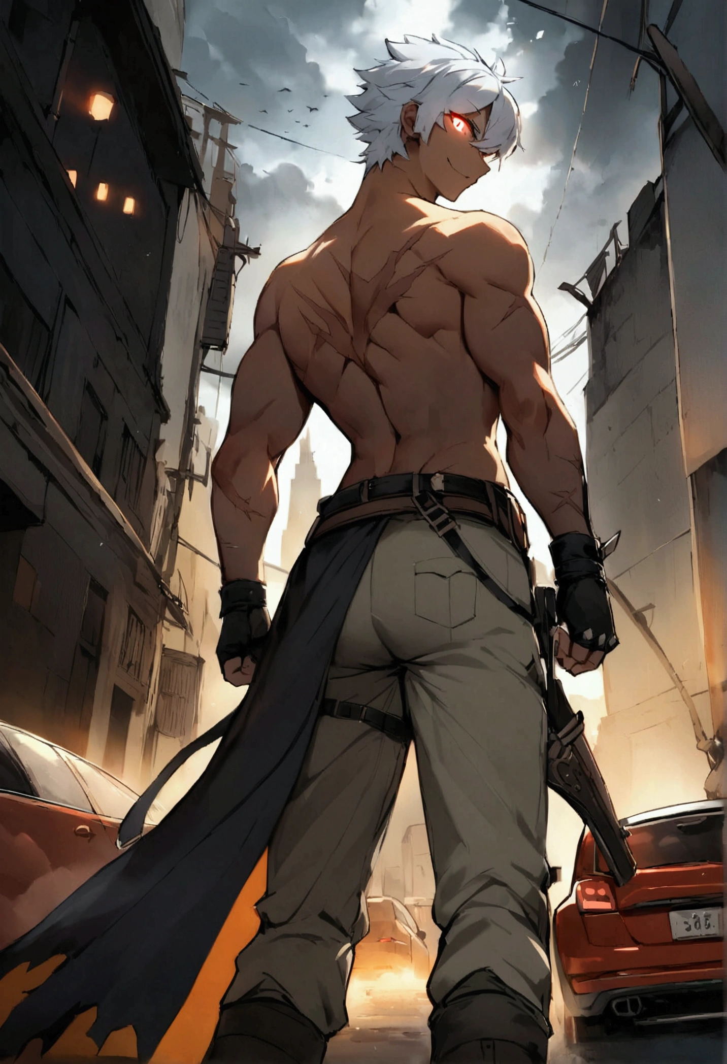 Masterful level, incredibly detailed CG, the only high-resolution image with a dynamic angle shows a man standing with his back to the camera, his right arm outstretched to the side.