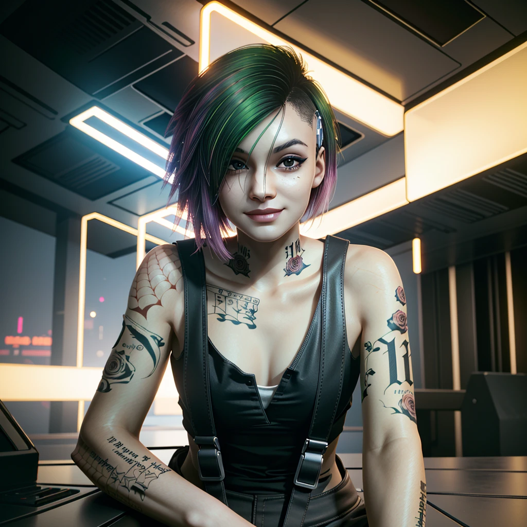 (masterpiece:1.2),(best quality:1.2),(high resolution:1.2)
 CyberJudy, 1girl, solo, asymmetrical hair, green hair, pink hair, brown eyes, tattoo, smiling,  Surrounded by night city in cyberpunk 2077