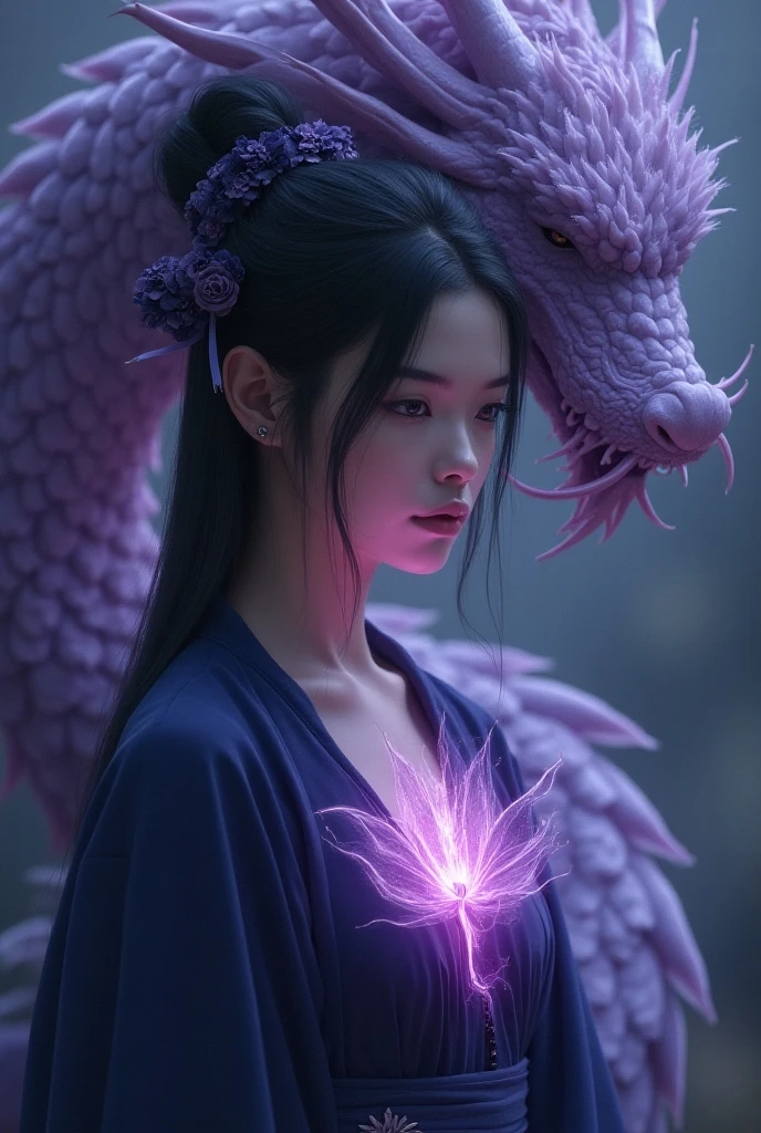 This work must be very long、Unbeatable masterpiece，depicts a mysterious Japanese girl，Mystical image of purple Chinese dragon，Inside your body, a non-humanoid entity that radiates glowing purple energy..，The girl wanted to show this part of the surreal scene to the camera。The shadows depicted must have an extraordinary sense of realism，