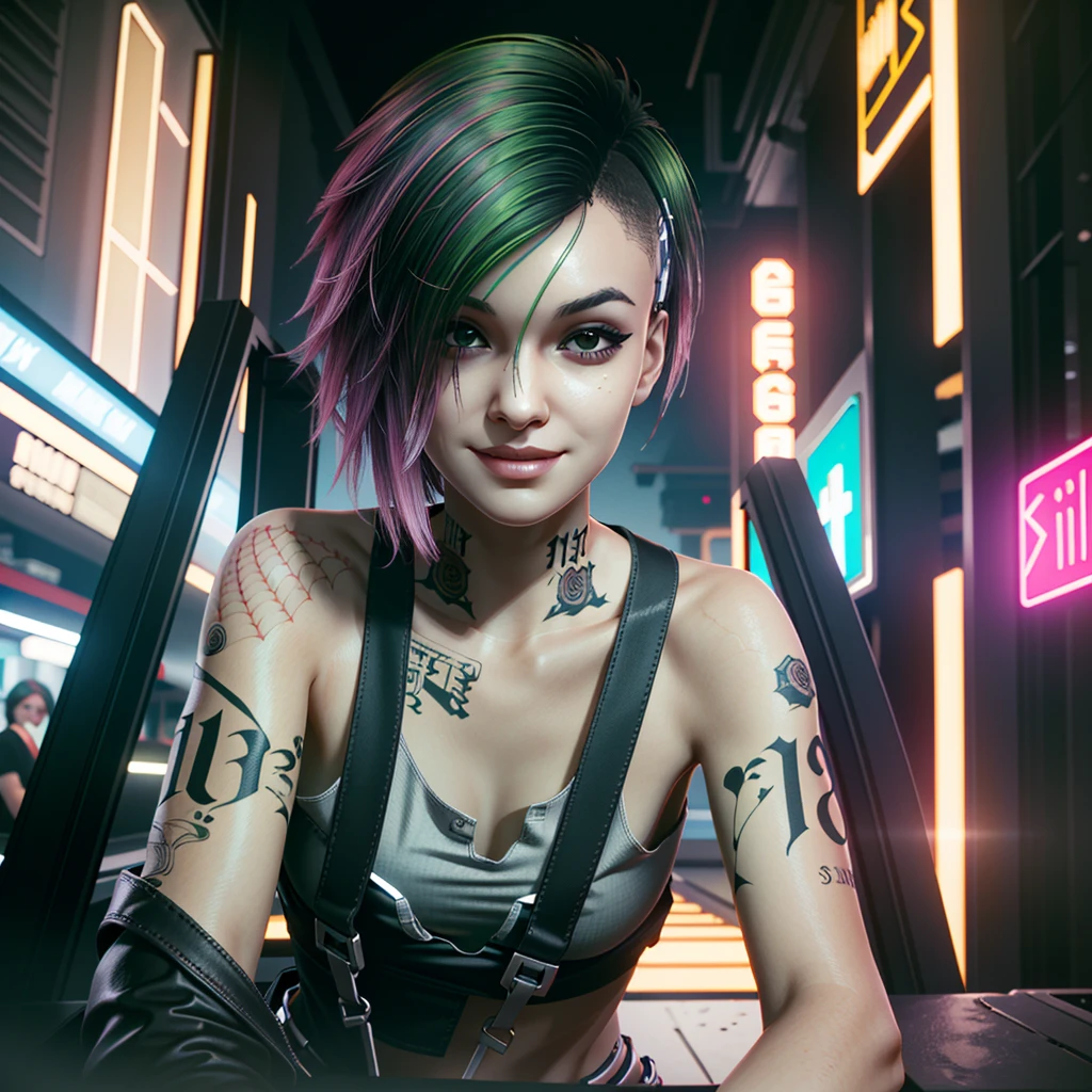 (masterpiece:1.2),(best quality:1.2),(high resolution:1.2)
 CyberJudy, 1girl, solo, asymmetrical hair, green hair, pink hair, brown eyes, tattoo, smiling, walking in night city cyberpunk 2077