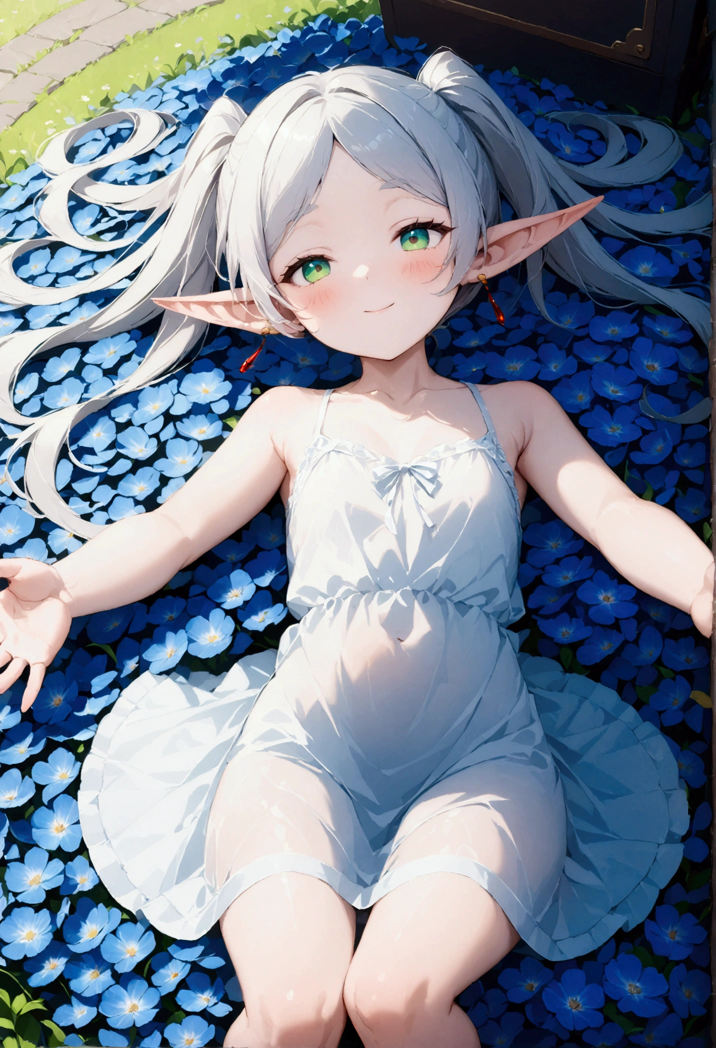  High image quality 、masterpiece、  high quality、Full HD、4K 、A girl is sleeping on the ground 、View from above、Drawing the feet、 Funeral Freelen、  silver hair、  twin tails、 Green Eyes、Elf Ears、 Red Earrings 、 white camisole、  flat chest、blush 、smile、Blue Flower Field、Many petals are flying