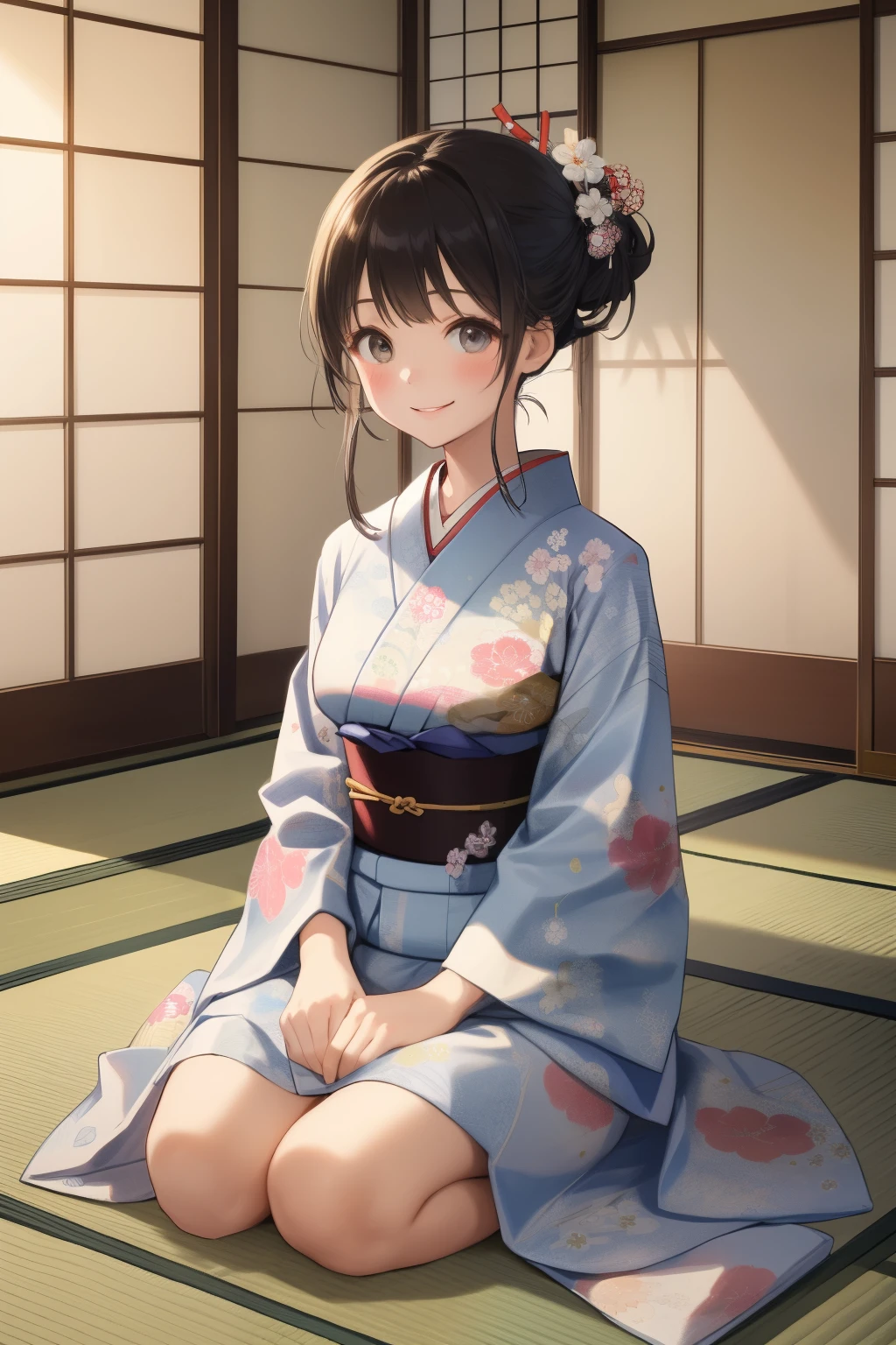  score_9,  score_8_up,  score_7_up,  score_6,  score_5_up,  score_4_upanime break，  It's a quiet, traditional Japanese-style room 、There are tatami mats and shoji doors  、  soft light shines in  .  A woman wearing a beautifully patterned kimono and obi gently holds the girl.  The two look at each other with a warm smile  . The girl is wearing a small kimono  ,  her hair is tied in a simple chignon  .  The room is full of toys and Len books  ,  creates a cozy atmosphere , 8k, Photo Style,  Girl Temptation，