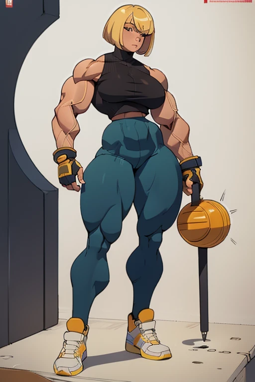 coloured sketch, beautiful woman, blonde bob haircut, turtleneck sweater, long baggy pants, strong well defined muscle, bulky powerful bodybuilder physique, massive muscular arms, perfect and flawless musculature, great muscle definition, perfect muscular body, massive muscular thighs, female muscle juggernaut