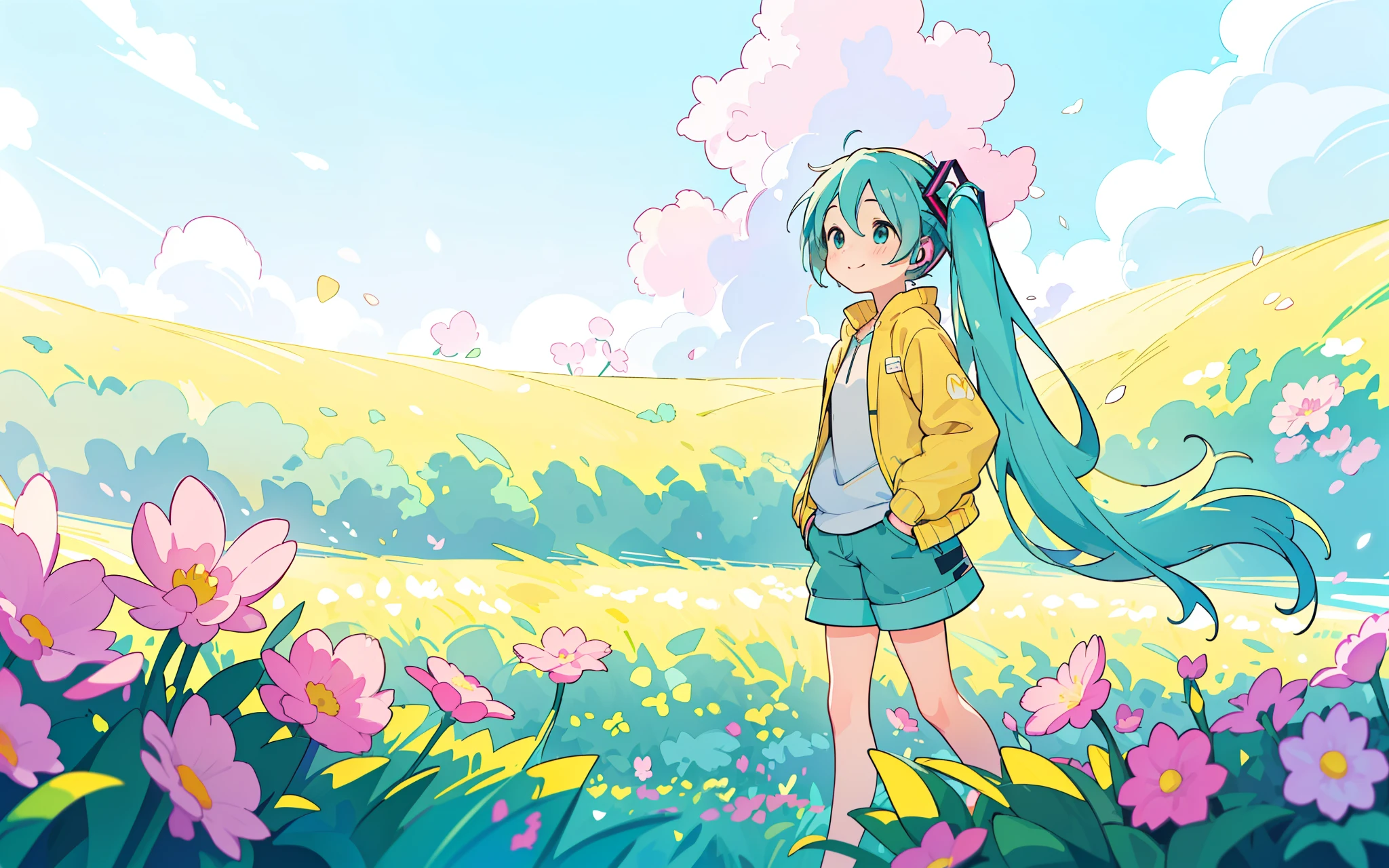 score_9, score_8_up, (masterpiece:1.2), (best quality:1.2), (digital illustration:1.2), intricate details, (1girl:1.3), (Hatsune Miku:1.4), (walking in a flower field:1.2), (morning light with soft, warm glow:1.2), (standing with hands in pockets of light gray jacket:1.2), (wearing pastel blue shorts:1.1), (gentle smile, calm expression:1.2), (aqua eyes:1.2), (aqua hair, long and flowing with slight breeze:1.2), (background blurred; flower field with subtle pink and yellow tones, clear blue sky:1.2), anime style, clean line art, vibrant colors, sharp detail, depth of field, solo focus