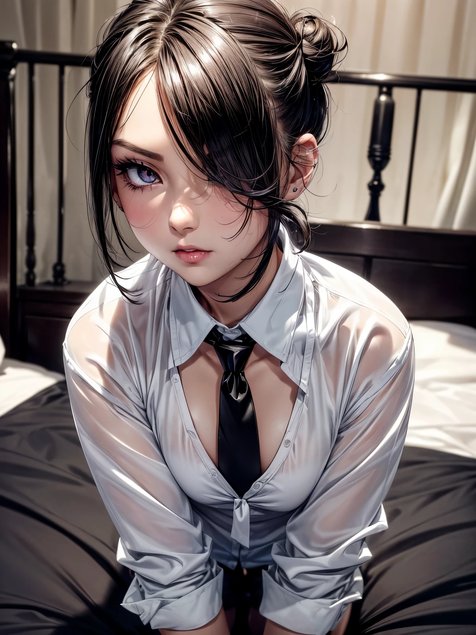 1girl, woman, emo_hairstyle, black lipstick, dog collar, eyeliner, eye shadow, smoky eyes, realistic lighting, half open white business shirt, school skirt, black thighhighs, satanic tattoo, breast tattoo, smug, smirk, short hair, flat chest, shiny skin.