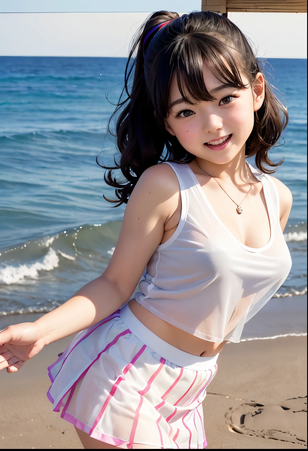 Tropical sandy beach、(Japanese Girls) ((SFW)) (small胸) ((Feminine facial features)) #Obedient ,Silver Bikini, tiny string bikini, Butt, outside, Wet #photo realistic #Long Hair #blonde #cute #porcelain #18-year-old #Ultimate beauty #See through #blue eyes #short #small #soft #delicate #thin #skinny (Hyper Beauty) (hot) (skinny) (Head to Toe) (Braided blonde hair), blue eyes, (pale milky skin) ((Obedient表情)) photorealistic, (18) (thin) (small)、Ample breasts