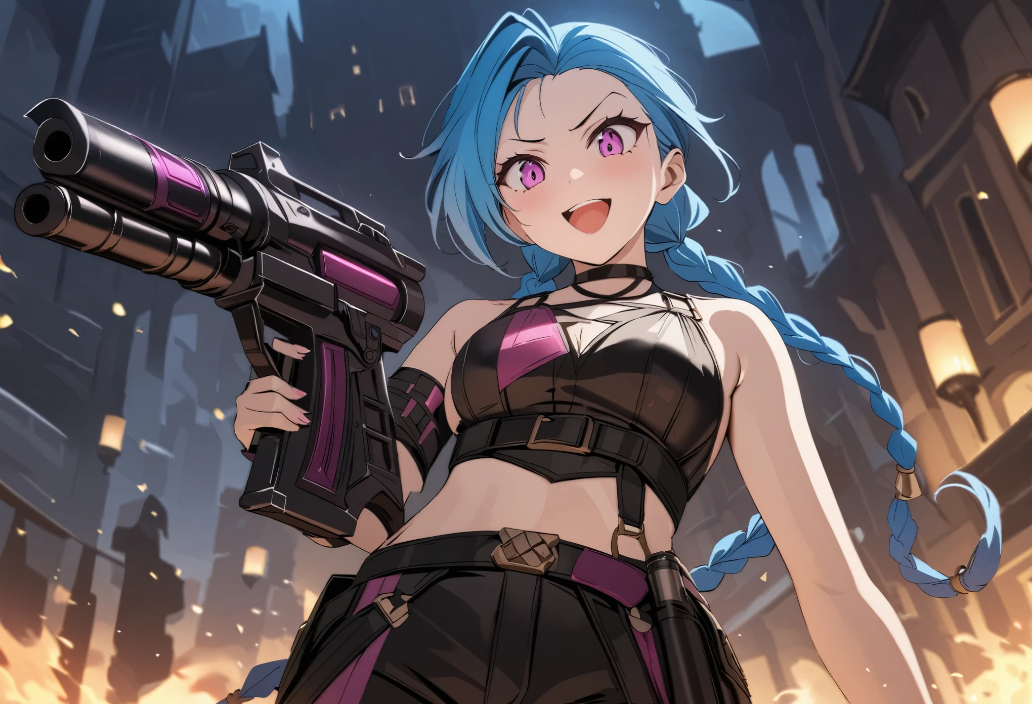 score_9, score_8_up, score_7_up, score_6_up, score_5_up, score_4_up, sauce_anime, Best Quality, great quality, Very Pretty , Absurd, League of Legends, 1girl, Jinx, laugh:1.5, street, Mini Gun, On Fire, Beautiful Shadows:1.3, Beautiful expression of light:1.3, Beautiful background:1.3, from below, ((UHD, masterpiece, super detail, high details, best quality, highres icon, 8k))