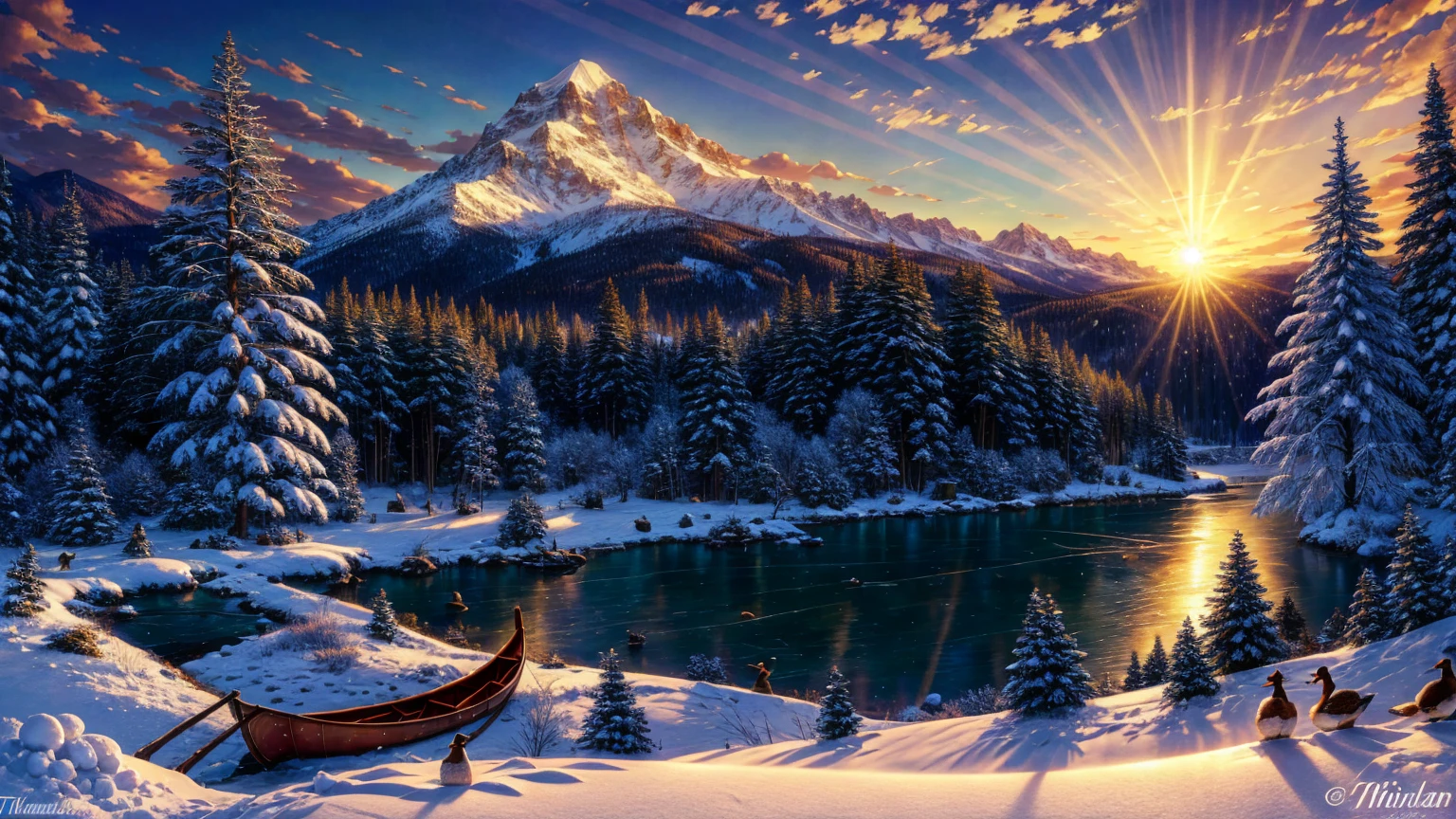 Beautiful winter scene, Thomas Kinkade, mountain lake with an old log cabin in the clearing, campfire in front of the cabin, snowman next to the cabin, red canoe on the shore next to the lake, soft glow coming from the windows in the cabin, ducks flying overhead, deer in the distance coming for a drink, sun has set, beautiful glow in the evening sky, snow on the ground and on the trees, 