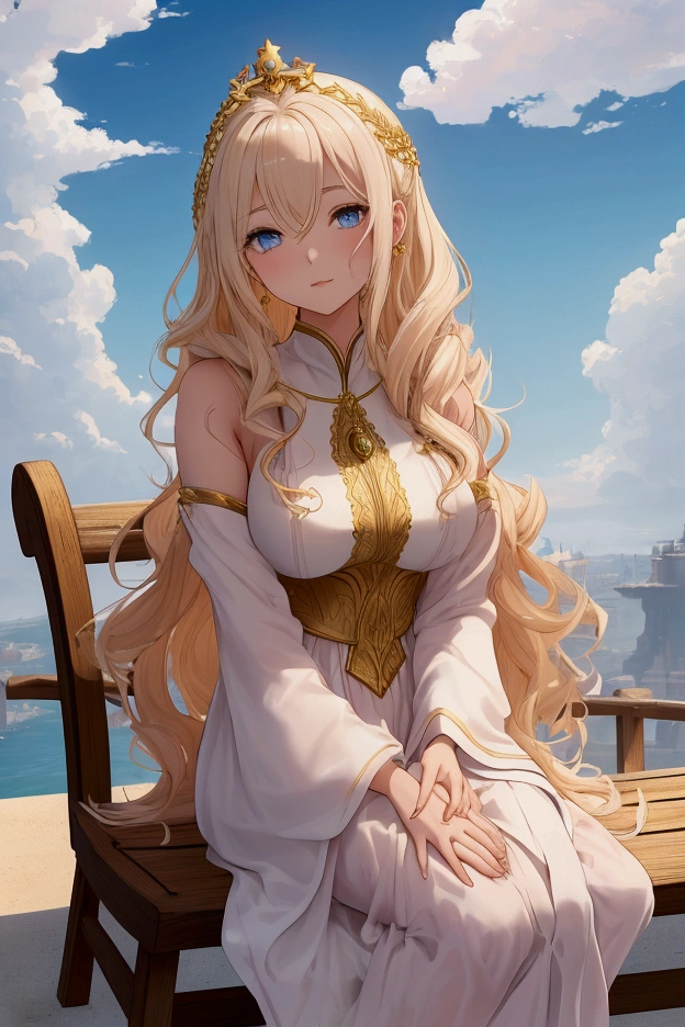A 24-year-old girl with blond hair that reflects the color of gold and with curls at the ends, greyish blue eyes and pink mouth . White silk garments and guitar body . Totally angelic appearance . This barefoot with gold jewels on her feet and right arm , is leaning slightly on a tower in the sky looking at a kingdom from above , a medieval kingdom , sitting on a bench where there are no walls and her feet are free watching the cloud floors