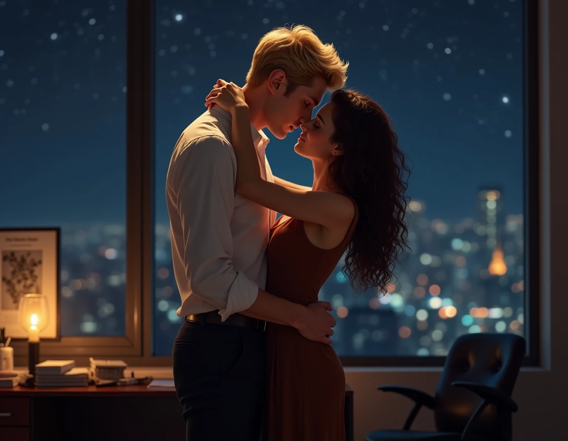 Urusei Yatsura、Ram-chan、cyberpunked, Beautiful couple in the buildings roof on the cyberpunk retro city、they are dancing in front of the stars in the ultra-realistic window at night,8K,Ultra-high definition,Pixar style,High Definition,16:9