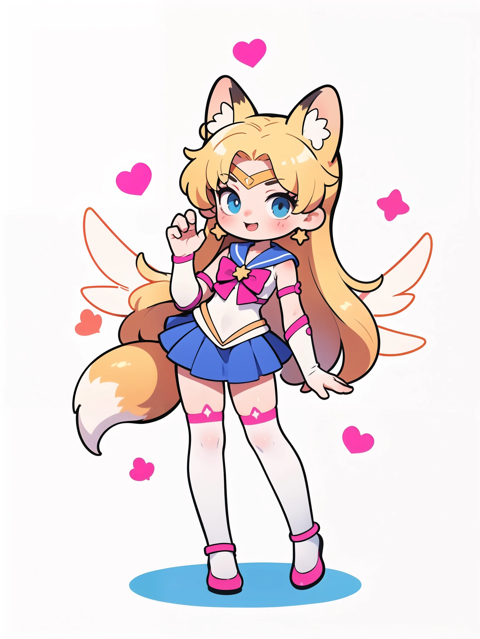 Cartoon of a woman in a pink costume, white and blue sexy estilo sailor moon chibi, Star Guardian style from League of Legends , big white angel wings cute , pink latex tight suit , white and blue, very long hair majestic blonde , mini skirt, visible thighs, white latex thigh-length stockings , blonde cat ears , female furry mini cute style , blonde fox tail with white , cute, happy and playful gesture , flat anime style shading , Fox girl, Nekomimi, Chica anime, playful happy gesture , light reflections on clothes and skin , big blond eyes , flat white background , standing, full body , highres