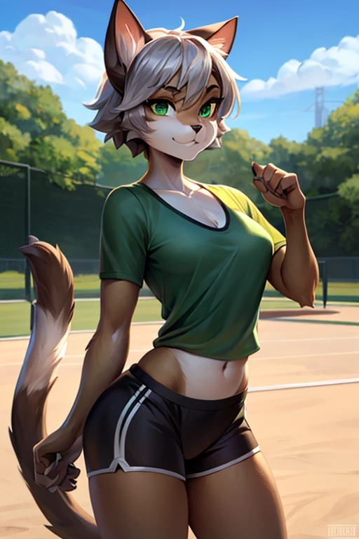 Catwoman,  brown fur ,  white fur on abdomen and chin , medium bust, medium bust y trasero grande, medium short silver hair , feline face, green cat eyes , Clothes:  sports shorts and loose blouse ,  has cat ears and cat tail.