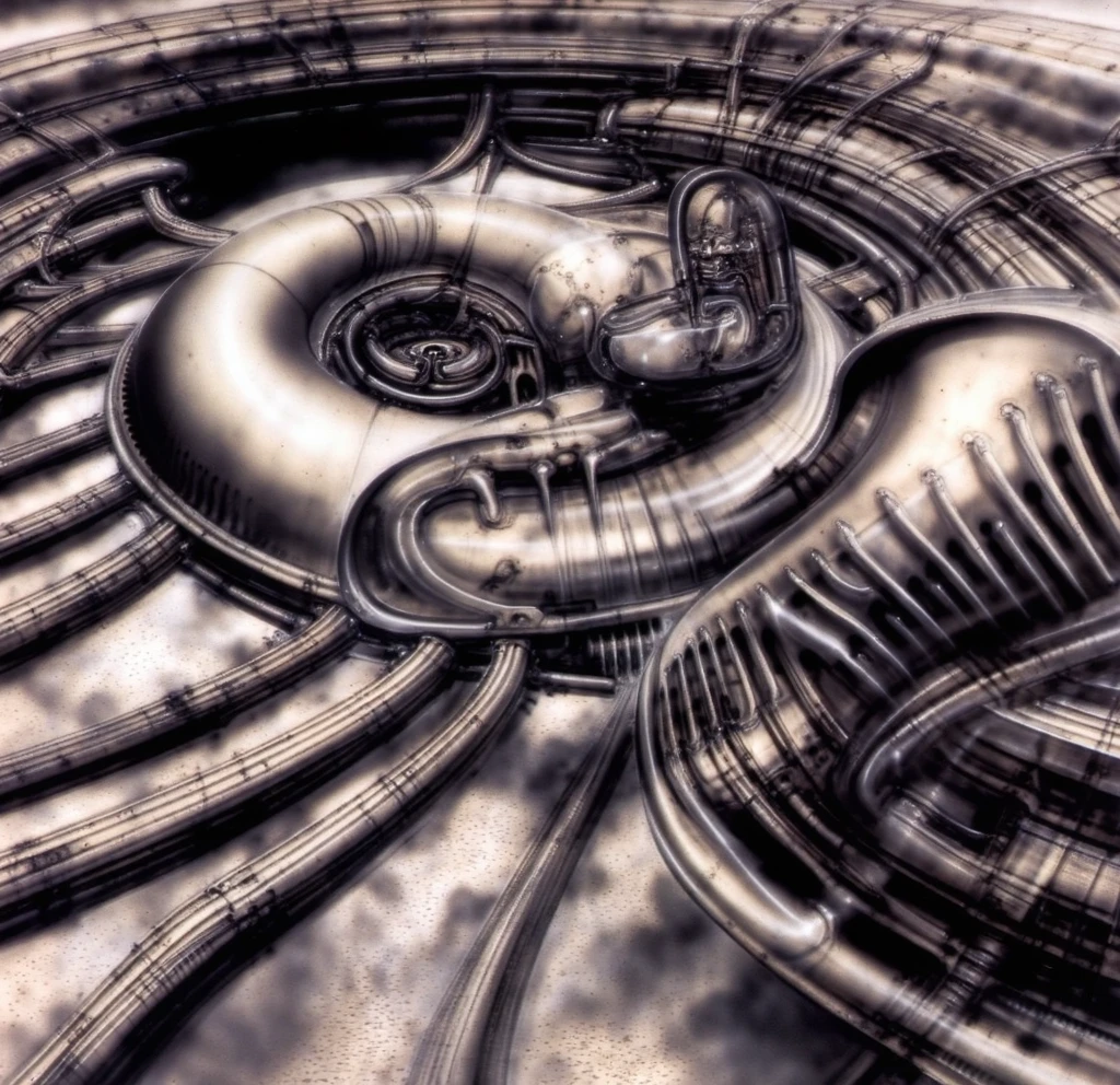 HRGGR, The image is a detailed view of H.R. Giger's biomechanical tableau \" LANDSCAPE No 312 \" plate, featuring ( Giger's is a fantasy-style illustration of a complex, intricate mechanical structure, resembling a futuristic city or fortress, with a central spiral design and multiple levels and towers, reminiscing Boeklin painting ), (best quality:1.4).The piece is a tableau, most likely created with a India ink pen or pencil on paper, determined by the thin lines, shading techniques, and the texture of the paper, which is visible around the edges. Used is pen, given the shading and variations in line weight visible in the image. Artist have used a variety of stylus with different degrees of hardness to achieve the shading effects. The use of undersaturated green-grays dark contrasts creates a stark and graphic look. Is used a variety of linework techniques to create different textures. Fine, parallel lines create a smooth, metallic texture,while thicker, more cursive lines suggest cables or wires. Light source from the top highlights skeletals, pper part of foreground, lower part of image is in shadowupper part of foreground, lower part of image is in shadow. The art performance showcases the artist’s skills in observation and rendering. The level of detail in the piece suggests a close study of real bone specimens and mechanics. The artist has skillfully used shading techniques to create a convincing illusion of three-dimensionality on a flat surface. The wrinkles and cracks in the surface, and the cast shadows with accuracy, used shading techniques to create a realistic depiction of light and shadow on the objects. This creates a sense of depth and dimension in the image. The artist has used careful linework to depict the contours and textures in the piece Sharp focus on foreground elements illustration. Deep and delicate DOF. Big painting. Stored in Louvre masterpiece, ooze soaked pajama top