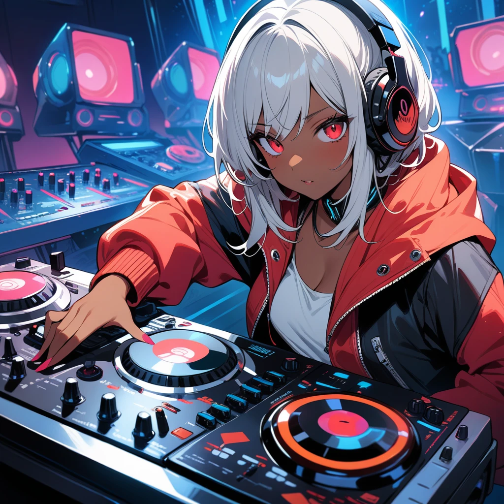 (masterpiece, Best Quality, Best Quality,  beautiful and aesthetic:1.2),( 1 girl), Extremely detailed,Highest detail, cool hood,bright colored open jacket,DJ headphones, mixing console ,Dark Skin, Silver Hair,Red eyes,Functional,futuristic nightclub,sense of exaltation,