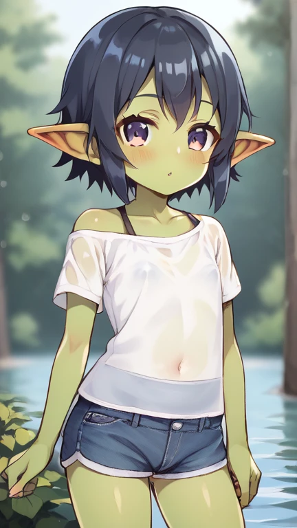  score_9,  score_8_up,  score_7_up,  score_6_up, Anime BREAK，nsfw，(Detailed Biography  :1.2)，  Fisheye Lens  ，  very young and cute girl ，  short ，  toddler figure ， flat chested，By deadpolicius, cute goblin girl :1.2， green skin，A little embarrassing，，(change:1.8), Oversized white t-shirt,  off-shoulder  ，ラクダのつま先，  flat chested，  standing , In the forest, river, translucent sheer panties， wet shorts ，  goblin girlfriend and campsite， Playful gestures  ，