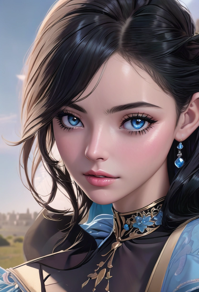 a detailed portrait of a female character, beautiful detailed eyes, beautiful detailed lips, extremely detailed face, long eyelashes, black hair, wearing a light blue dress, cinematic lighting, high fantasy, intricate details, digital art, vibrant colors, (best quality,4k,8k,highres,masterpiece:1.2),ultra-detailed,(realistic,photorealistic,photo-realistic:1.37)