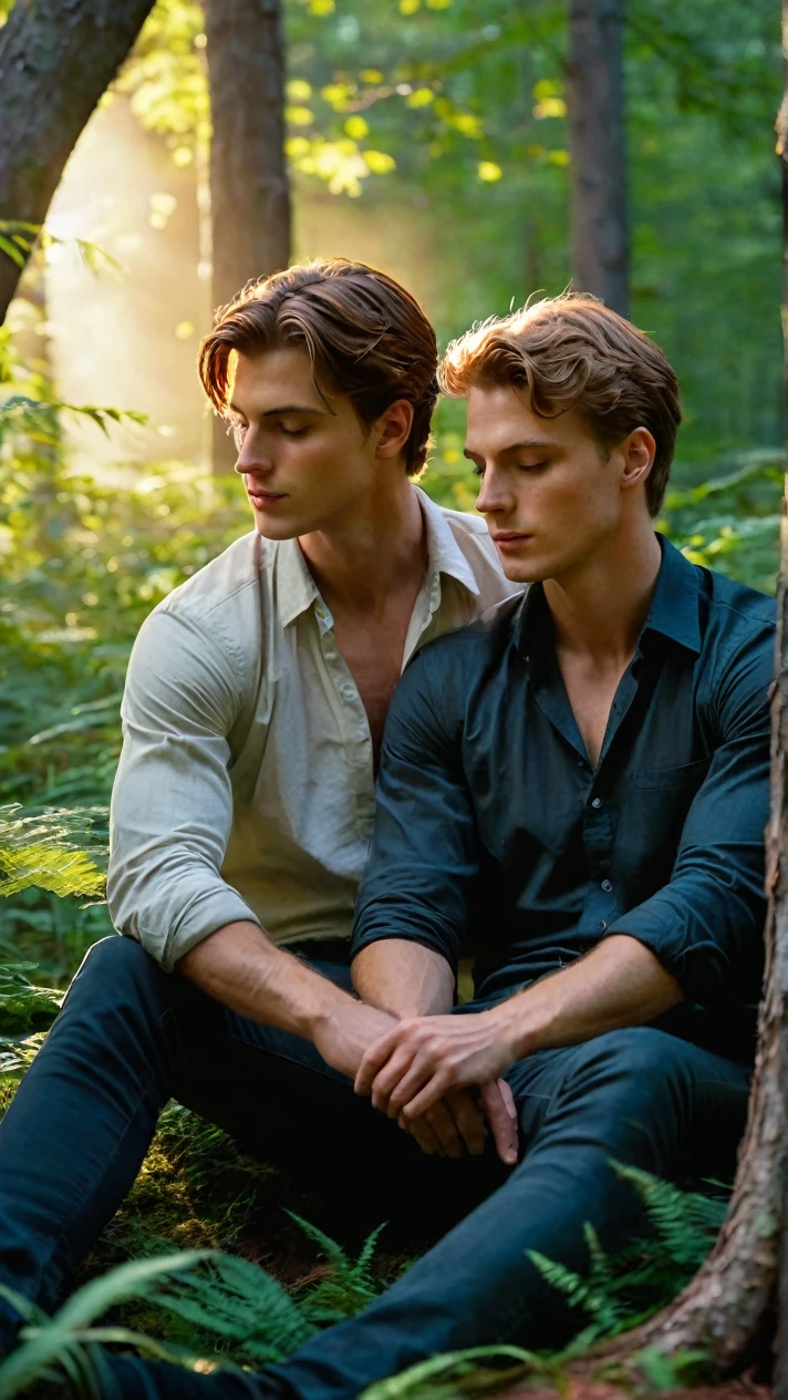 Fantasy Brothers, Very handsome young man with brown hair wearing suspenders without a shirt and another young man with blond hair wearing suspenders and a white long-sleeved shirt