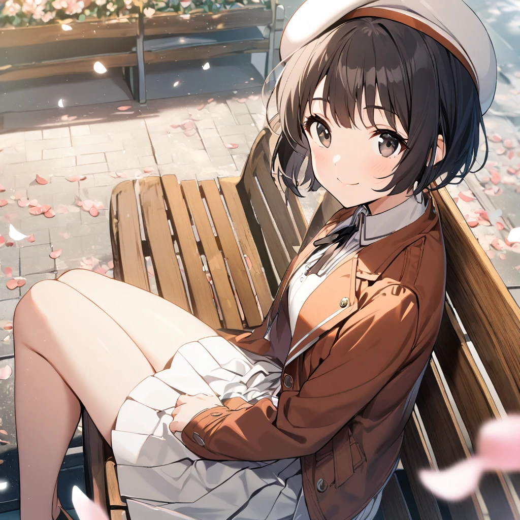 1girl, solo, hat, sitting, smile, looking at viewer, white headwear, black hair, petals, katou megumi, white skirt, short hair, skirt, bangs, black eyes, jacket, from side, long sleeves, beret, closed mouth, pleated skirt, bench, open clothes