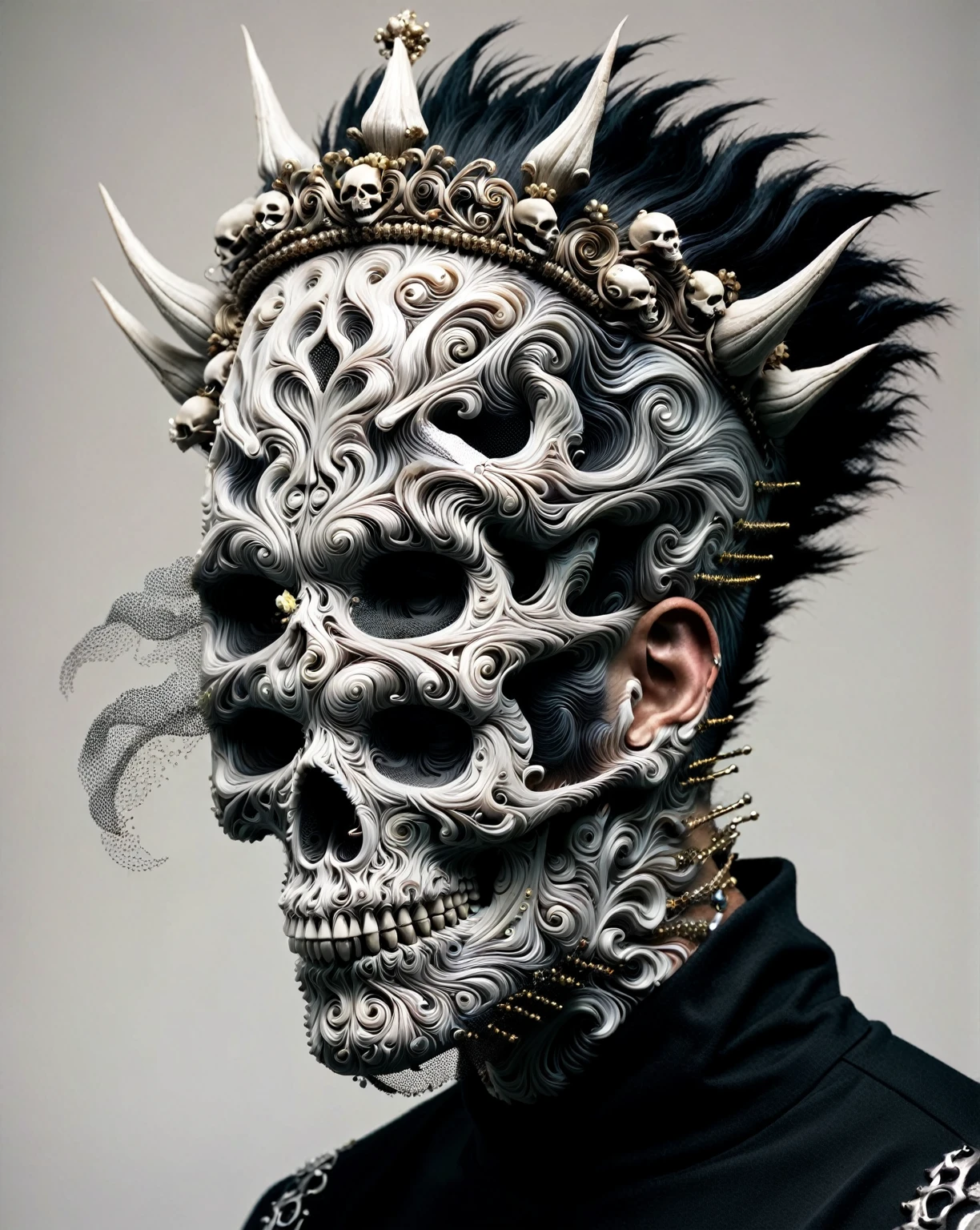 arafed man with a skull mask and a spiked mohawk, with a crown of skulls, adorned with demon skulls, with facial tattoo, inspired by Hedi Xandt, face tattoo, intricate voodoo makeup, half skull face, half skull half face, jewelry made of bones, crown made of bones, intricate skeletal decorations, facemask made of flowers