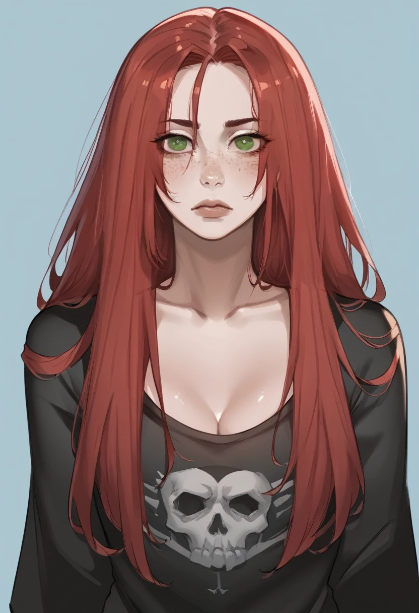 there is a drawing of a woman with red hair and a blue background, a character portrait inspired by Rei Kamoi, deviantart contest winner, digital art, red hair girl, she has red hair, red haired girl, with red hair and green eyes, with red hair, red head, crimson red hair and red eyes, red hair and freckles, halfbody portrait