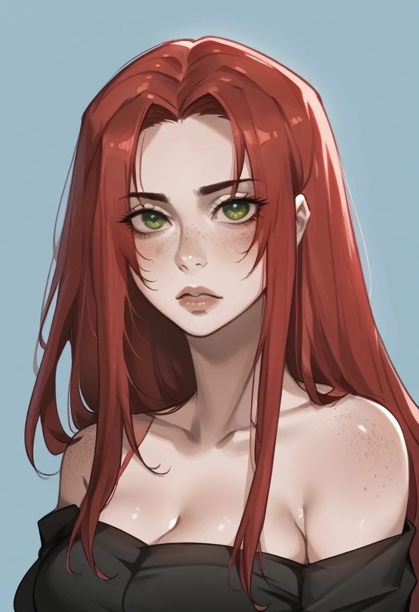 there is a drawing of a woman with red hair and a blue background, a character portrait inspired by Rei Kamoi, deviantart contest winner, digital art, red hair girl, she has red hair, red haired girl, with red hair and green eyes, with red hair, red head, crimson red hair and red eyes, red hair and freckles, halfbody portrait