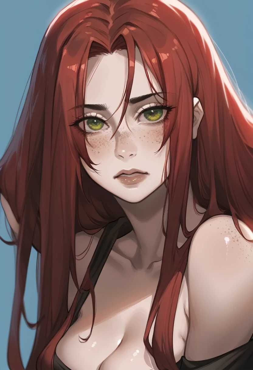 there is a drawing of a woman with red hair and a blue background, a character portrait inspired by Rei Kamoi, deviantart contest winner, digital art, red hair girl, she has red hair, red haired girl, with red hair and green eyes, with red hair, red head, crimson red hair and red eyes, red hair and freckles, halfbody portrait