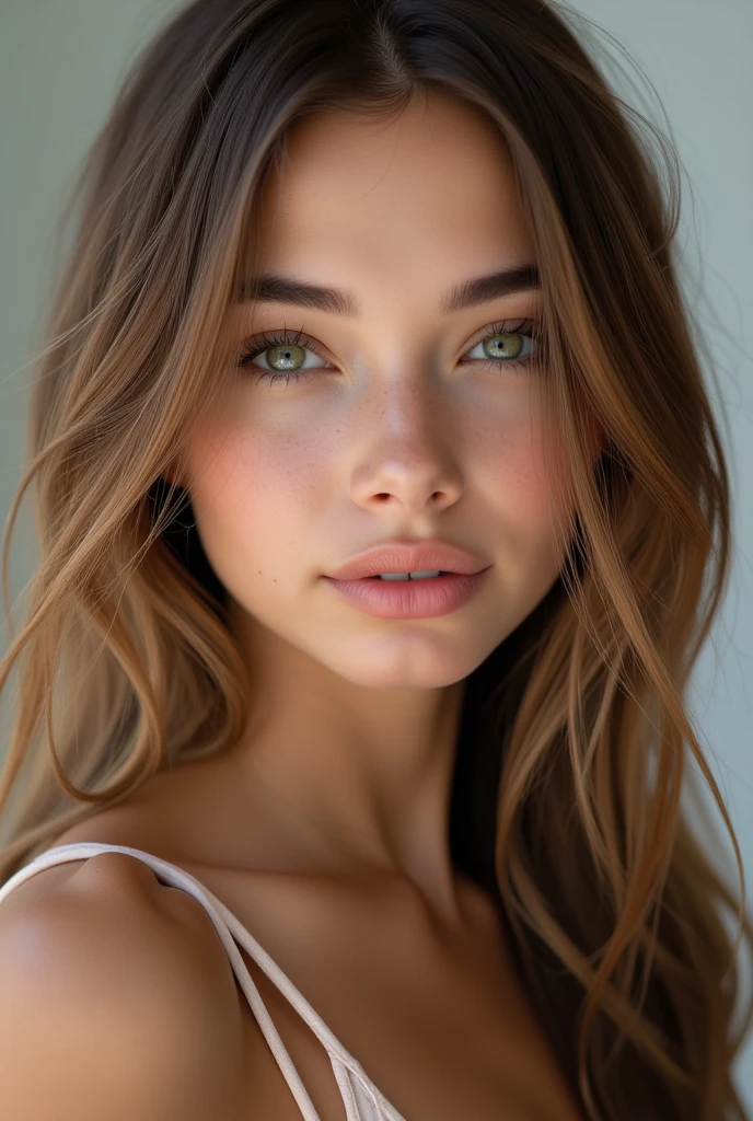 A young, beautiful, and charismatic woman, approximately 22 years old, with long, light brown hair that is slightly wavy and shiny, cascading over her shoulders. She has large, almond-shaped, emerald green eyes with long, curled lashes. Her face features fine and symmetrical contours, a small, straight nose, full and well-defined lips with a natural pink tone. Her skin is smooth with a slightly tanned glow, exuding a healthy radiance. She has a slender, well-proportioned figure. She wears fashionable, casual, and elegant clothing suitable for social media, such as a fitted dress or trendy outfits that highlight her modern and youthful style.