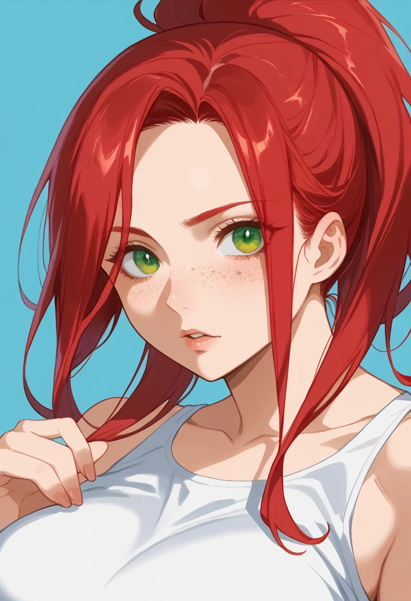 there is a drawing of a woman with red hair and a blue background, a character portrait inspired by Rei Kamoi, deviantart contest winner, digital art, red hair girl, she has red hair, red haired girl, with red hair and green eyes, with red hair, red head, crimson red hair and red eyes, red hair and freckles, halfbody portrait