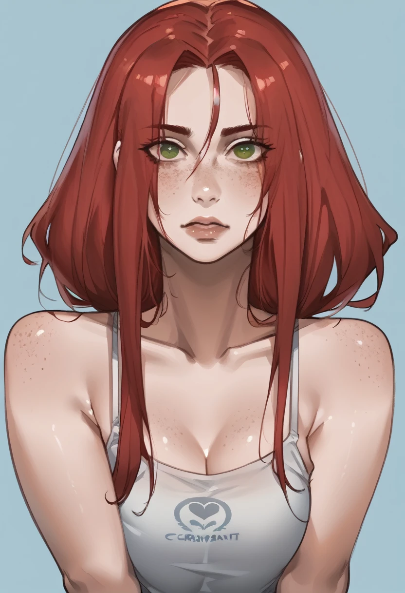 there is a drawing of a woman with red hair and a blue background, a character portrait inspired by Rei Kamoi, deviantart contest winner, digital art, red hair girl, she has red hair, red haired girl, with red hair and green eyes, with red hair, red head, crimson red hair and red eyes, red hair and freckles, halfbody portrait