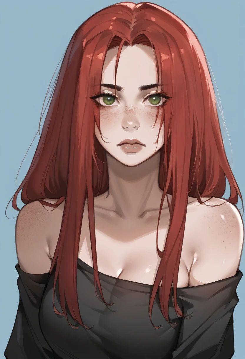 there is a drawing of a woman with red hair and a blue background, a character portrait inspired by Rei Kamoi, deviantart contest winner, digital art, red hair girl, she has red hair, red haired girl, with red hair and green eyes, with red hair, red head, crimson red hair and red eyes, red hair and freckles, halfbody portrait