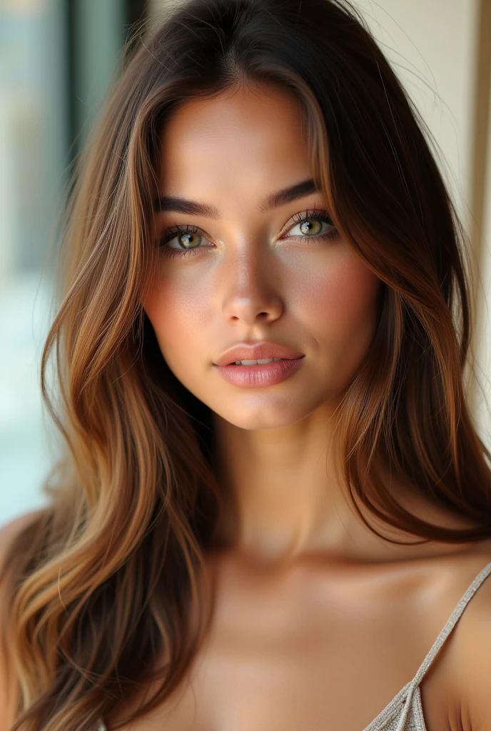 A young, beautiful, and charismatic woman, approximately 22 years old, with long, light brown hair that is slightly wavy and shiny, cascading over her shoulders. She has large, almond-shaped, emerald green eyes with long, curled lashes. Her face features fine and symmetrical contours, a small, straight nose, full and well-defined lips with a natural pink tone. Her skin is smooth with a slightly tanned glow, exuding a healthy radiance. She has a slender, well-proportioned figure. She wears fashionable, casual, and elegant clothing suitable for social media, such as a fitted dress or trendy outfits that highlight her modern and youthful style.