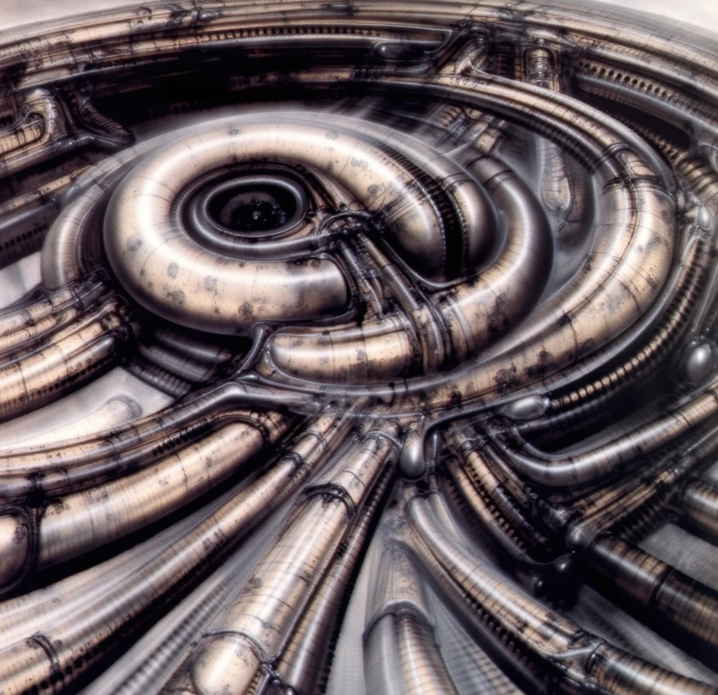 HRGGR, The image is a detailed view of H.R. Giger's biomechanical tableau \" LANDSCAPE No 312 \" plate, featuring ( Giger's is a fantasy-style illustration of a complex, intricate mechanical structure, resembling a futuristic city or fortress, with a central spiral design and multiple levels and towers, reminiscing Boeklin painting ), (best quality:1.4).The piece is a tableau, most likely created with a India ink pen or pencil on paper, determined by the thin lines, shading techniques, and the texture of the paper, which is visible around the edges. Used is pen, given the shading and variations in line weight visible in the image. Artist have used a variety of stylus with different degrees of hardness to achieve the shading effects. The use of undersaturated green-grays dark contrasts creates a stark and graphic look. Is used a variety of linework techniques to create different textures. Fine, parallel lines create a smooth, metallic texture,while thicker, more cursive lines suggest cables or wires. Light source from the top highlights skeletals, pper part of foreground, lower part of image is in shadowupper part of foreground, lower part of image is in shadow. The art performance showcases the artist’s skills in observation and rendering. The level of detail in the piece suggests a close study of real bone specimens and mechanics. The artist has skillfully used shading techniques to create a convincing illusion of three-dimensionality on a flat surface. The wrinkles and cracks in the surface, and the cast shadows with accuracy, used shading techniques to create a realistic depiction of light and shadow on the objects. This creates a sense of depth and dimension in the image. The artist has used careful linework to depict the contours and textures in the piece Sharp focus on foreground elements illustration. Deep and delicate DOF. Big painting. Stored in Louvre masterpiece, ooze soaked pajama top