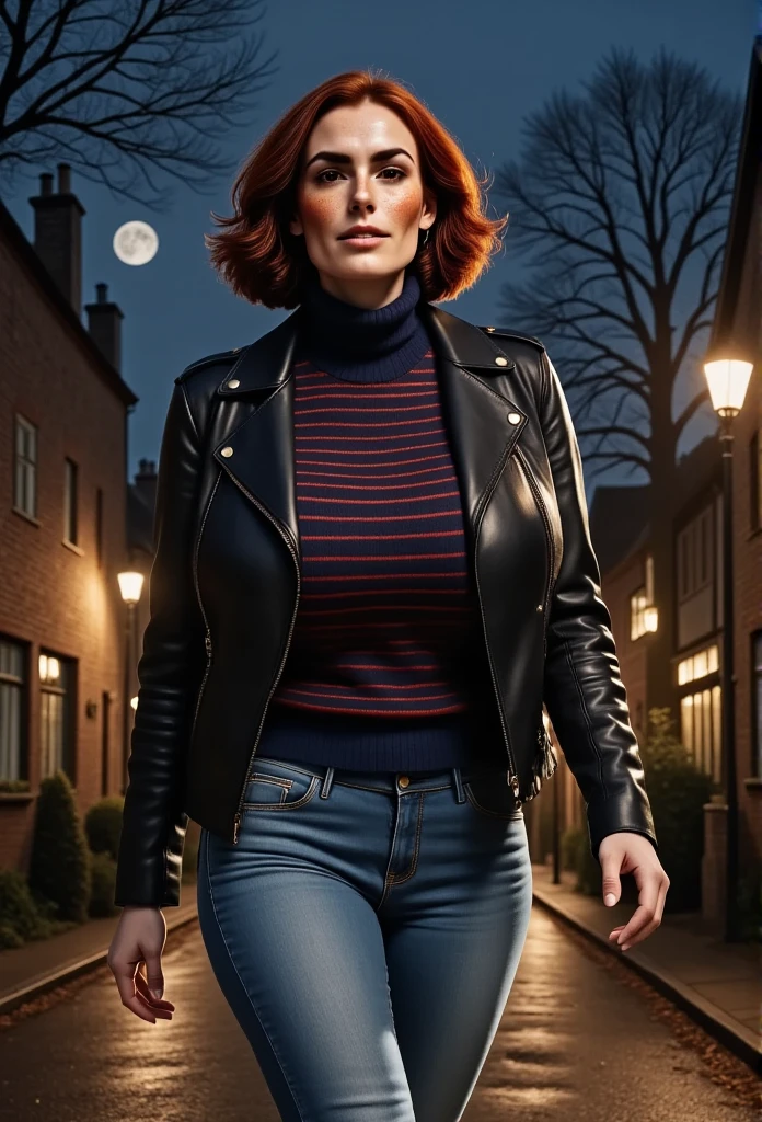 Photorealistic picture featuring a woman walking through a sleeping village in late autumn night. She is a beautiful british woman, with brown eyes, downturned eye shape. She has high cheekbones and dark eyebrows. She has reddish-brown hair, long bob hairstyle, light skin and freckles. Her attire includes a black leather jacket, blue red striped knitted sweater, light blue stonewashed jeans. Biker boots. Off-White beanie. perfect hand.