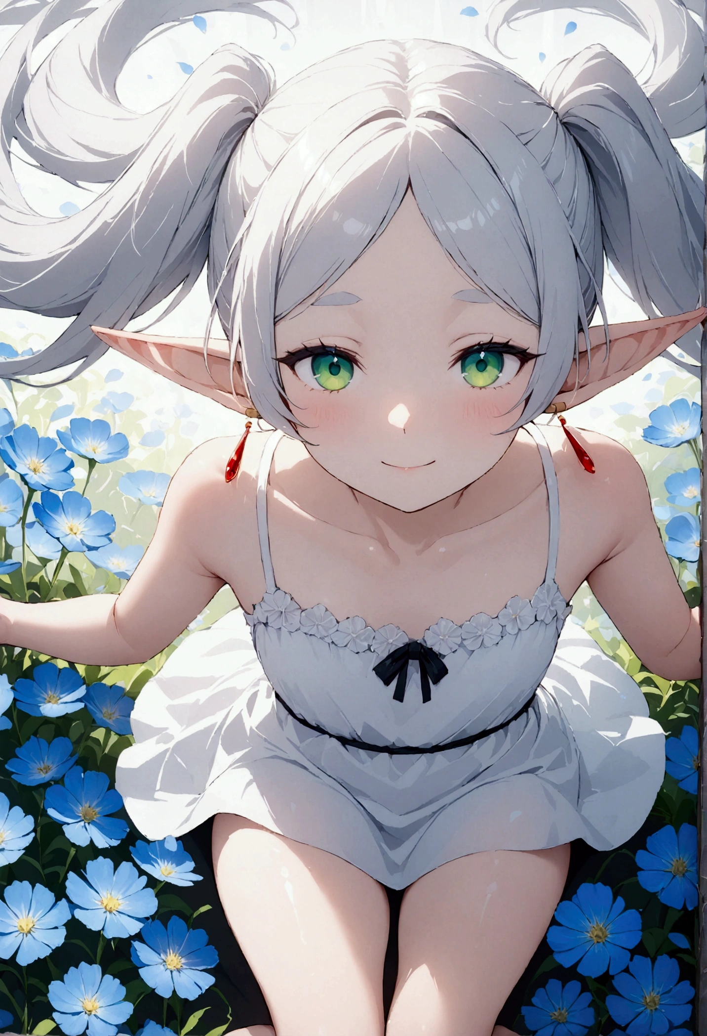  High image quality 、masterpiece、  high quality、Full HD、4K 、A girl is sleeping on the ground 、View from above、 and close your thighs、 place your hands above your head、Stretch your arms、 Funeral Freelen、  silver hair、  twin tails、 Green Eyes、Elf Ears、 Red Earrings 、 white camisole、  flat chest、smile、Blue Flower Field、Many petals are flying